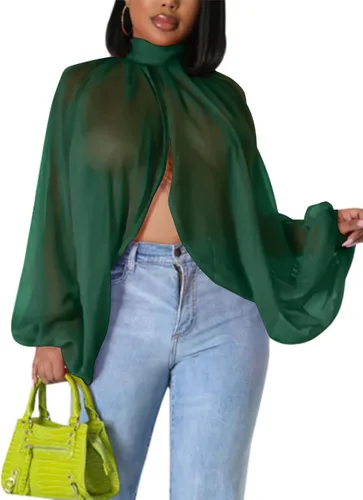 Miniatura 12 de Tops Sexys para Mujer Fiesta Club Noche con Mangas de Murciélago de Gasa Transparente con Lazo Trasero en la Parte Frontal Camisas de Mujer Casuales