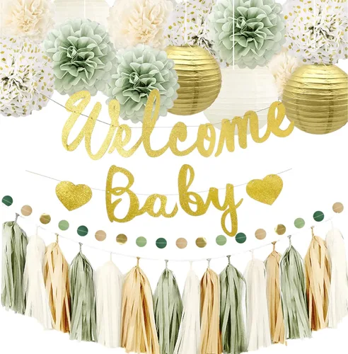 Decoraciones para baby shower, color verde salvia y dorado para género neutro niño y niña, cartel de bienvenida con purpurina, pompones, linternas,