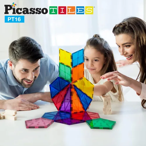 Miniatura 2 de PicassoTiles Juego combinado de 16 piezas + 353 piezas de azulejos magnéticos y ladrillos, figuras de acción, juguetes de aprendizaje STEM, a partir