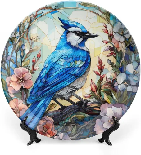 Platos decorativos, pájaro azul y flores, pintura de vitrales, plato de cena de cerámica para el hogar con soporte de exhibición, decoración para