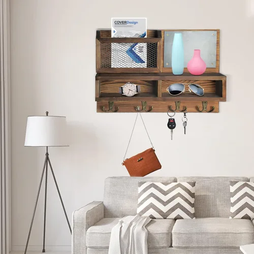 Miniatura 6 de Porta llaves para pared, organizador de correo con montaje en pared con ganchos para llaves y soporte para billetera, almacenamiento para gafas