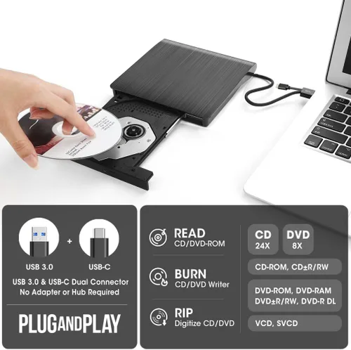Miniatura 2 de ROOFULL Unidad Externa de CD/DVD para Portátil, USB 3.0 y USB-C, Reproductor/Lector/Grabador/Quemador Portátil de CD/DVD-RW, Unidad de Disco Óptico
