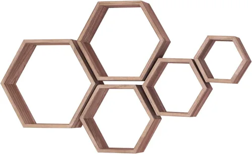 Miniatura 8 de PHOENANCEE Estantes flotantes hexagonales, juego de 5 estantes octágonos montados en la pared, cubo de almacenamiento de madera para baño, cocina