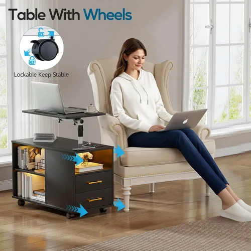 Miniatura 3 de WOOVIVS - Mesita de noche con estación de carga, mesa auxiliar con luces LED, mesa auxiliar inteligente con mesa giratoria ajustable/cajón