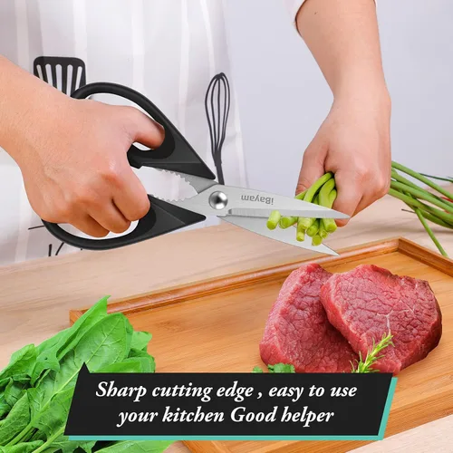Miniatura 4 de iBayam Tijeras de Cocina Negras – Tijeras Resistentes para Carne y Aves de Corral, Tijeras Utilitarias de Acero Inoxidable Aptas para Lavavajillas