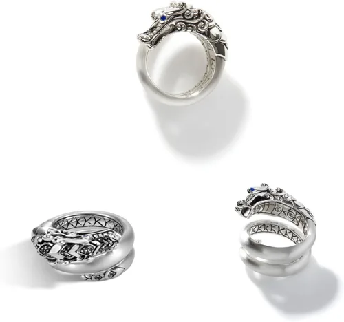 Miniatura 2 de Anillo de plata Naga Legends para mujer en acabado cepillado con espinela negra y ojos de zafiro azul