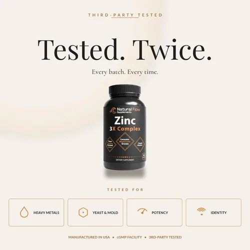 Miniatura 5 de Natural Flow Zinc 3X Complex — 15 mg Tres formas queladas (bisglicinato, carnosina, orrotato) con cobre y vitamina C — Suave para el estómago