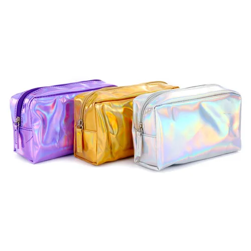 Miniatura 4 de Bolsa de maquillaje holográfica de piel sintética, bolsa de cosméticos, impermeable, organizador de artículos de tocador, bolsa para bolígrafos