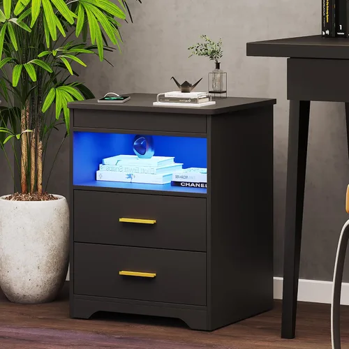 Miniatura 7 de Mesita de noche con cajón para armas, mesa de noche con carga y puerto USB y tipo C, mesita de noche LED con luz sensora humana, mesa auxiliar