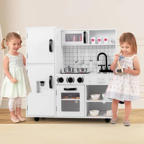 Miniatura 2 de INFANS Juego de cocina para niños, juego de cocina de madera con luz y sonido realistas, estufa, fregadero, microondas, armario de almacenamiento