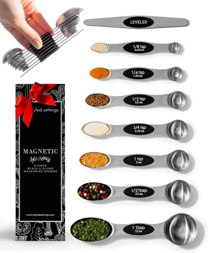 Miniatura 10 de Cucharas medidoras magnéticas blancas y doradas, cucharas medidoras de doble cara de acero inoxidable para cocinar y hornear, bonitos accesorios
