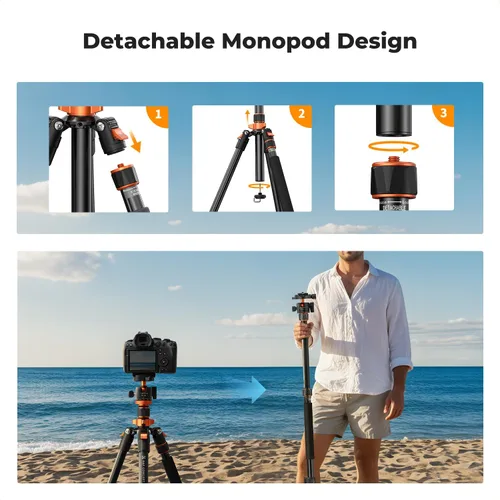 Miniatura 6 de K&F CONCEPT Trípode para cámara, trípode de aluminio de 78 pulgadas, trípodes y monopies de 81 pulgadas, trípode de viaje estable y resistente