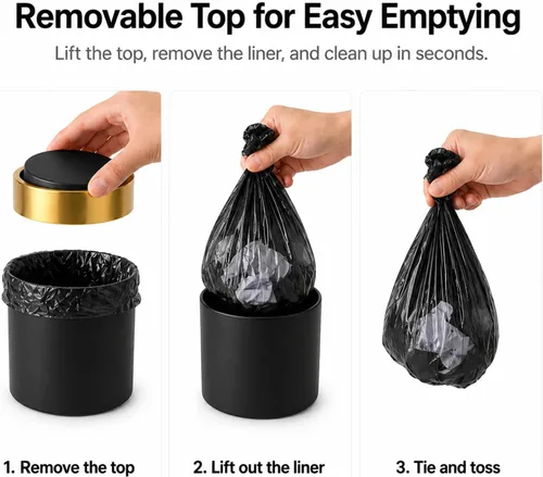 Miniatura 8 de Mini bote de basura con tapa, pequeño cubo de basura de metal para escritorio con tapa oscilante, cubo de basura de encimera de 0.4 galones