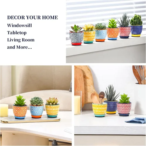 Miniatura 5 de Selamica Macetas de cerámica para suculentas de 2.4 pulgadas, mini macetas para plantas de cactus con agujeros de drenaje y platillos, decoración