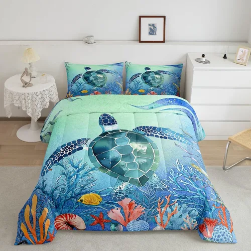 Miniatura 23 de Juego de edredón de ballena individual, juegos de ropa de cama retro con temática náutica para decoración de dormitorio, edredón de plumón de vida