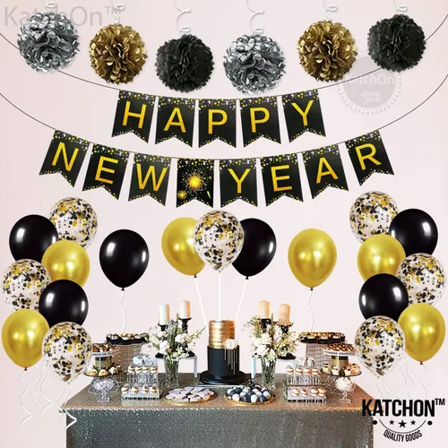 Miniatura 7 de KatchOn, Suministros para fiestas de Año Nuevo 2026 – Paquete de 34 Cartel de feliz año nuevo de 10 pies con pompones Fondo negro y dorado