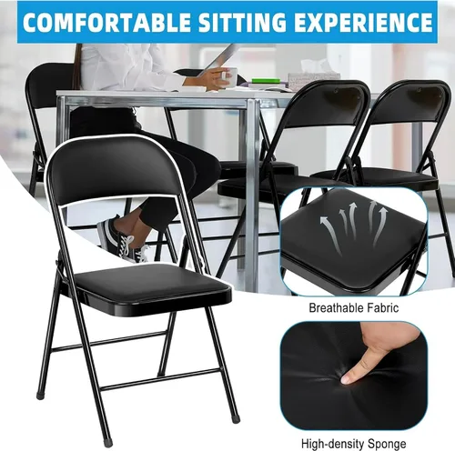 Miniatura 6 de Juego de 4 Sillas Plegables Tapizadas en Negro - Cómodas Sillas Apilables Portátiles para Interior y Exterior, Eventos, Fiestas, Oficina, Boda Negro