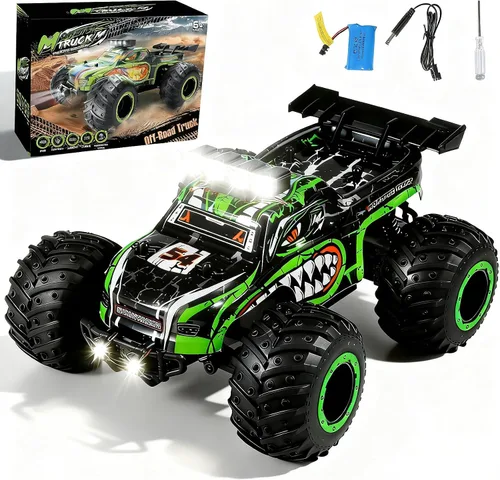 Camión monstruo con control remoto para niños: coche RC todoterreno con faros y luces en el cuerpo, 1:18, 20 km/h, tracción a 2 ruedas, 2.4 GHz,
