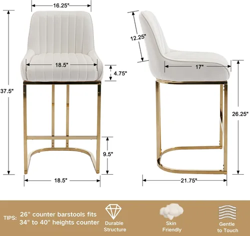 Miniatura 2 de Shunzhi Juego de 2 taburetes de bar de terciopelo beige de 26 pulgadas, modernos taburetes de mostrador con respaldo/patas doradas, sillas de bar