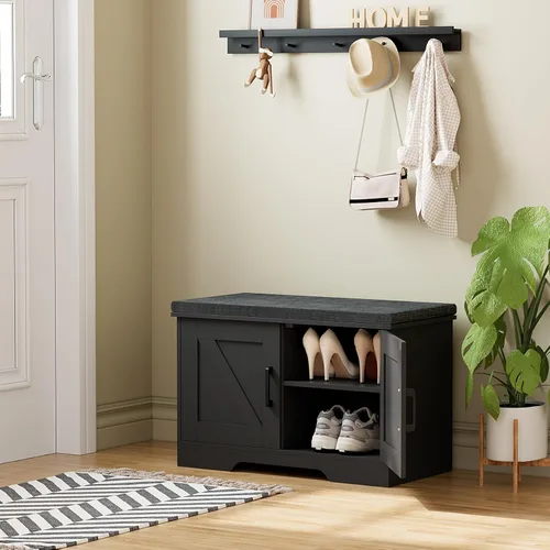 Miniatura 2 de HOMSHO Banca de almacenamiento de 2 niveles, banca para zapatos de 70 cm de ancho con cojín de asiento acolchado, banca de entrada con 2 puertas