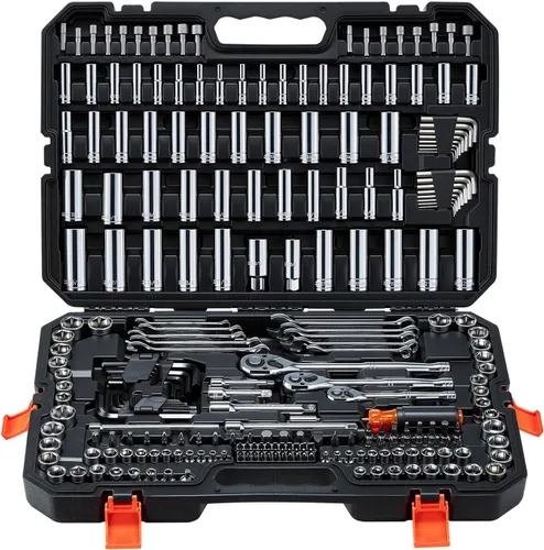 Miniatura 17 de VEVOR - Juego de herramientas para mecánicos y juego de vasos estándar y profundos, 450 piezas en unidades SAE y métricas con puntas, llave