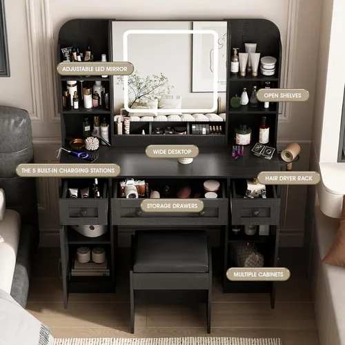 Miniatura 9 de Vabches Escritorio de tocador negro, espejo de tocador con luces, escritorio de maquillaje con taburete, mesa de maquillaje con grandes cajones