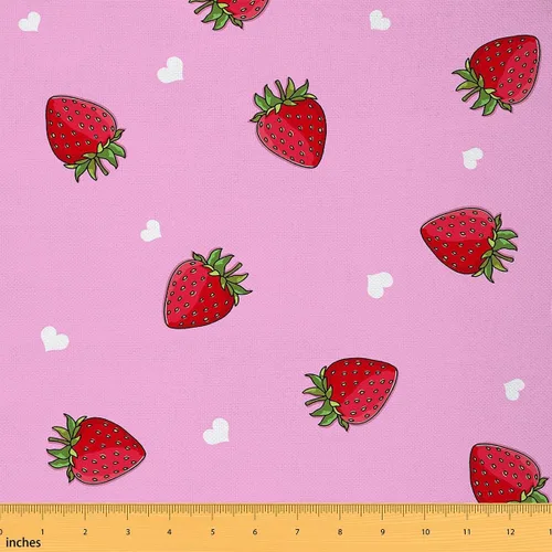 The Yard - Tela Kawaii – Tapicería decorativa de fresa roja para mujeres, niñas y niños – Lindo arte impermeable para exteriores – 1 yarda, rosa