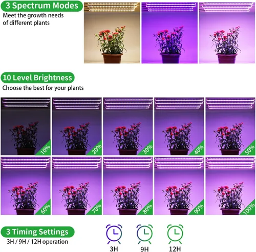 Miniatura 3 de RWNTAO Lámpara de cultivo de cuatro tiras para plantas de interior, tiras de luz LED de espectro completo rojo, azul y amarillo, con temporizador