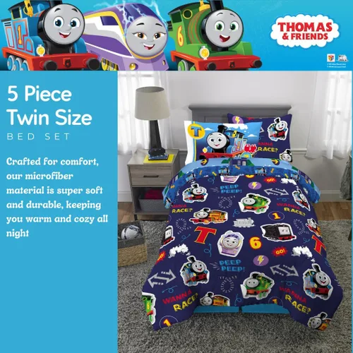 Miniatura 4 de Franco Thomas & Friends - Juego de ropa de cama supersuave para niños, edredón y sábanas con funda de almohada, 5 piezas, tamaño individual, Thomas
