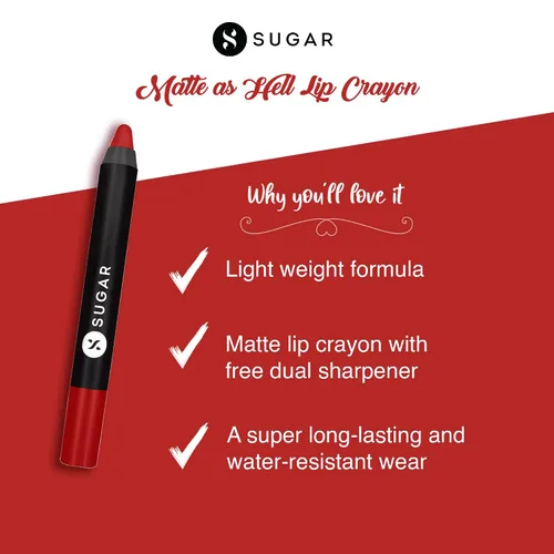 Miniatura 3 de SUGAR Lápiz labial Matte as Hell para mujeres Dura hasta 12 horas Lápiz labial con sacapuntas 2.8gm - 01 Scarlett O'Hara
