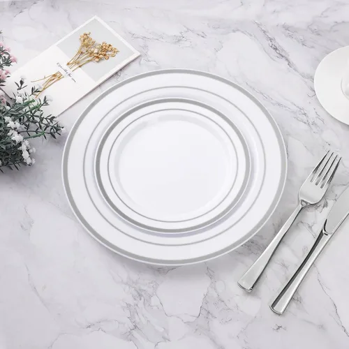 Miniatura 4 de BESTVIP 100 platos de plástico plateados, platos desechables de 10.25 pulgadas para fiesta con borde plateado para Navidad, Acción de Gracias