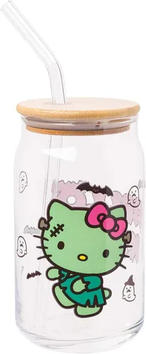 Miniatura 26 de Silver Buffalo Sanrio - Vaso de vidrio rosa con tapa de bambú y sorbete de vidrio de Hello Kitty, 16 onzas Hello Kitty Agitando