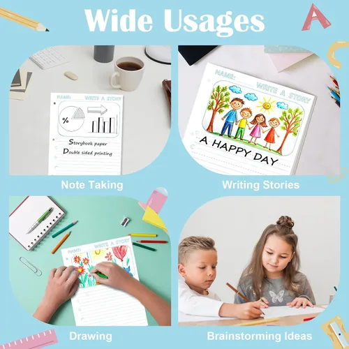 Miniatura 5 de 50 hojas de papel de escritura de historias de 8.5 x 11 pulgadas para niños, papel de dibujo y escritura de hojas sueltas de 3/4 pulgadas de regla