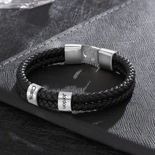 Miniatura 3 de Pulseras de cuero personalizadas para hombre, pulsera con nombre para papá, grabado gratuito, cuentas de nombre de familia, pulseras