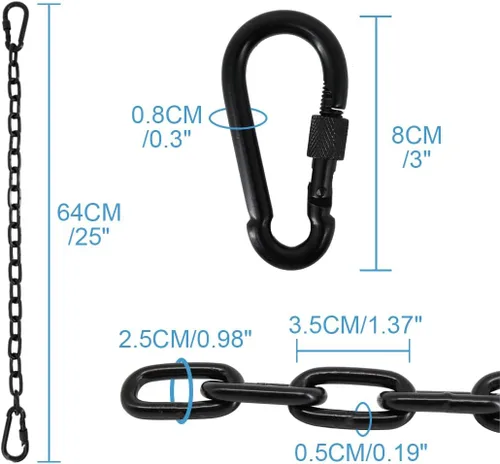 Miniatura 5 de Paquete de 2 cadenas colgantes de 25 pulgadas con 4 mosquetones, kits colgantes de capacidad de 440 libras, herrajes resistentes para sillas