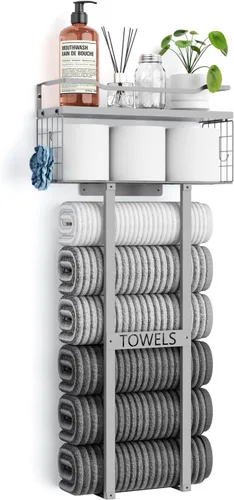 Miniatura 8 de Aetyord Toallero para Baño de 31 Pulgadas Montado en Pared, Estante Flotante con Tablero de Madera, Almacenamiento de Toallas para Baño que Puede