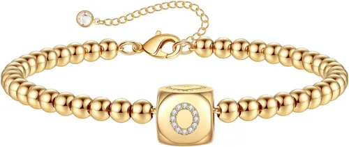 Pulseras con iniciales de oro para mujeres y niñas, chapados en oro de 14 quilates, pulsera de cuentas redondas con dije de dados cuadrados, pulsera