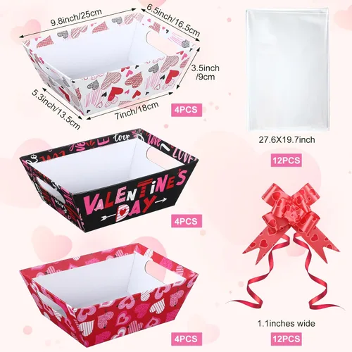 Miniatura 2 de Tatuo Juego de 12 cestas de San Valentín para regalos vacías con bolsas de celofán, bandeja de mercado de corazón de San Valentín, lazos, kit