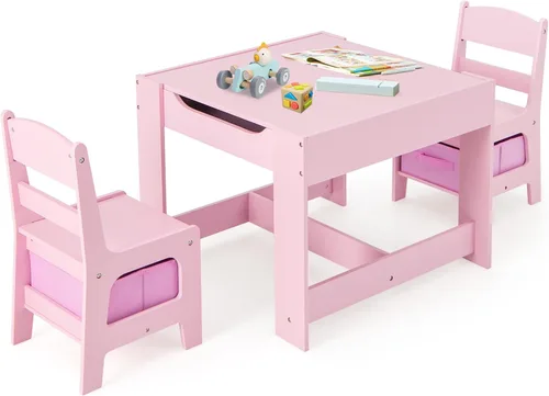 Olakids Juego de mesa y silla para niños, juego de escritorio de madera 3 en 1 con pizarra extraíble, cajón de almacenamiento, mesa de actividades