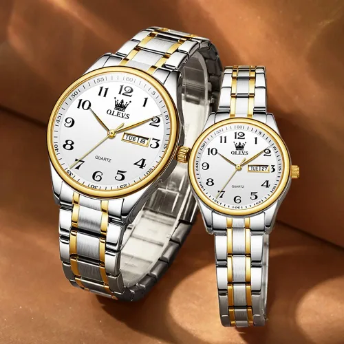 Miniatura 48 de OLEVS Juego de 2 relojes de cuarzo para parejas de San Valentín, calendario luminoso, ventana de fecha, 3 ATM, impermeable, casual, acero