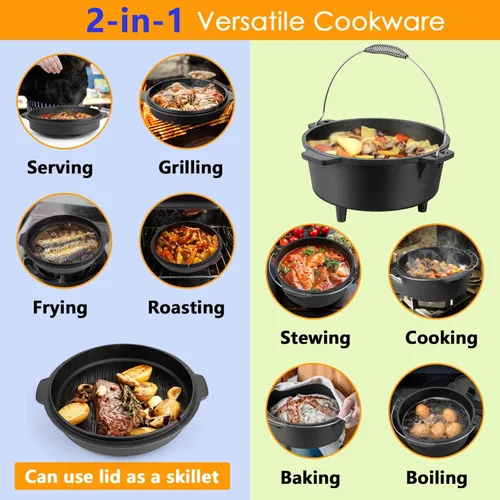 Miniatura 3 de HaSteeL Horno holandés de hierro fundido de 7 cuartos de galón, olla grande 2 en 1 presazonada y sartén con tapa, utensilios de cocina pesados