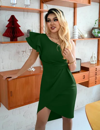Miniatura 5 de YMDUCH Women's Sexy One Shoulder Ruffle Ruched Wrap Bodycon Midi Party Dress