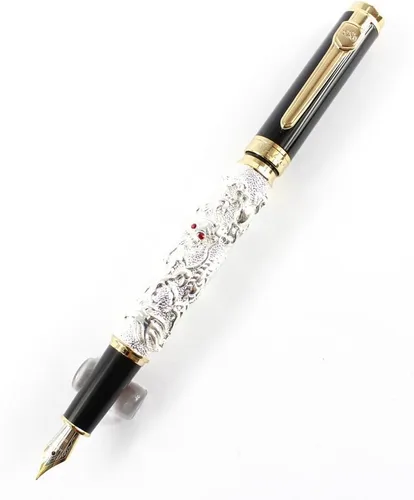 Miniatura 2 de Gullor Pluma estilográfica plateada con clip dorado y dragón auspicioso negro