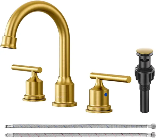 Miniatura 18 de WOWOW Grifo de baño de 2 manijas de bronce aceitado grifo de lavabo de baño de 3 agujeros con drenaje emergente y mangueras de suministro grifo
