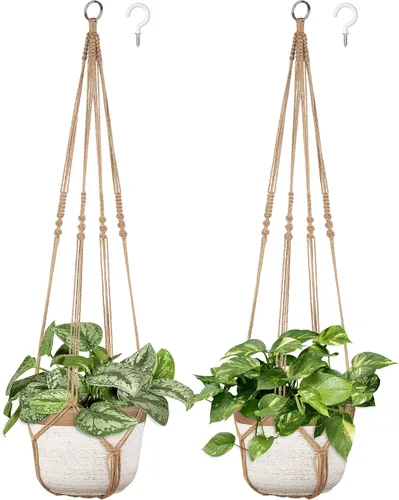 Miniatura 6 de Dahey Colgador de macramé para plantas, cesta colgante de interior hecha a mano, cuerda de algodón tejida a mano, soporte decorativo de ganchillo
