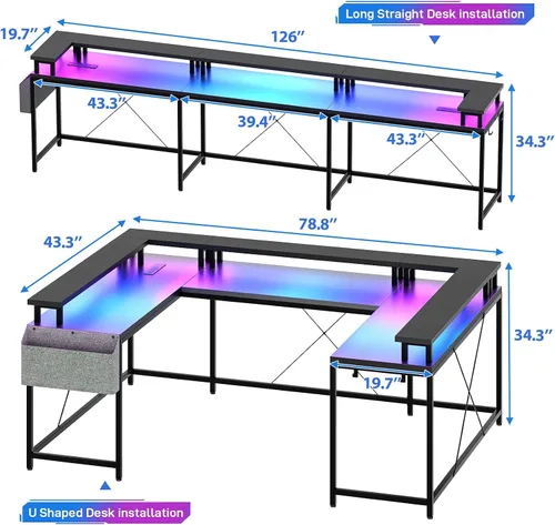 Miniatura 2 de GAOMON Escritorio en forma de U, escritorio para juegos en forma de U de 79 pulgadas con soporte para monitor y luces LED, escritorio grande