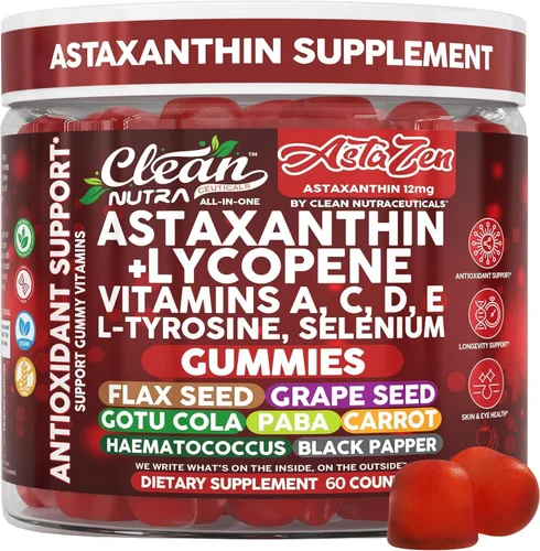Clean Nutraceuticals AstaZen - Gomitas de astaxantina de 12 mg - con licopeno, vitaminas A C D E, L-tirosina y selenio - Gomitas de apoyo