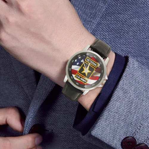 Miniatura 3 de Diseño especial Militar Ejército de los Estados Unidos Veterano y Bandera Americana Personalizada Unisex Acero Inoxidable Correa de Cuero Reloj Caja