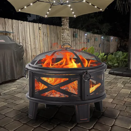 Miniatura 6 de Breezz Fogata de leña de 26 pulgadas con parrilla de cocina y pantalla de chispas, hoguera redonda de metal para exteriores, patio, fiesta