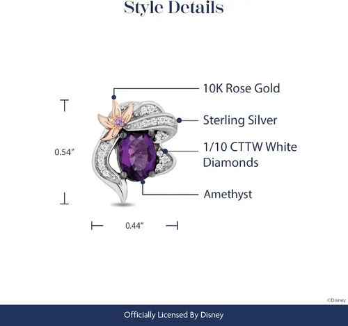 Miniatura 4 de Jewelili Enchanted Disney Fine Jewelry - Aretes tipo dormilona de plata de ley y oro rosa de 10 quilates con diamante blanco de 110 CTTW y amatista